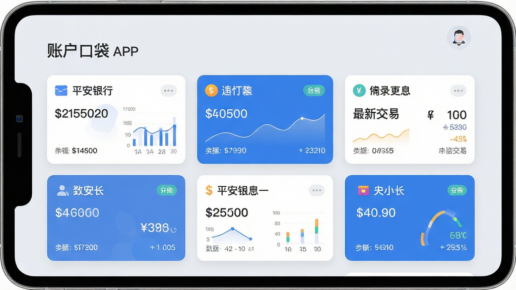 一幅展示平安数字口袋APP“账户总览”功能的界面设计图,画面中央是多个银行账户卡片整齐排列,每张卡片显示银行名称、余额和最新交易,背景以浅灰色与蓝色搭配,布局清晰明快,风格扁平化设计,细节包括数据图表和货币符号,画质高清干净,无多余元素