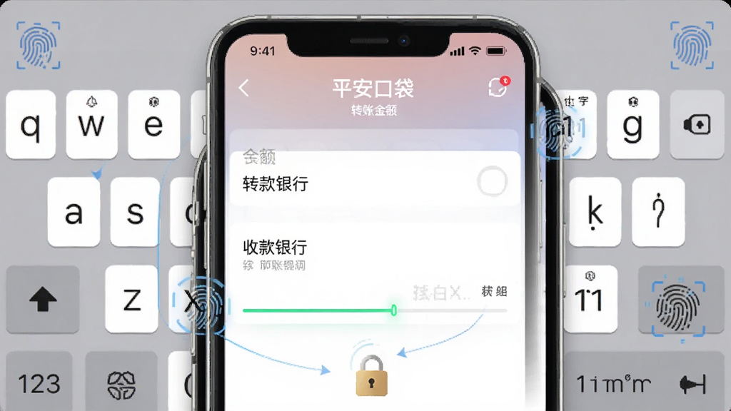 展示平安数字口袋APP中转账支付功能的操作界面,画面中显示输入转账金额、选择收款银行的页面,背景有模拟的键盘和指纹验证图标,布局以流程导向为主,风格写实且具有科技感,细节包含进度条和安全锁标识,画质高清干净,无多余元素