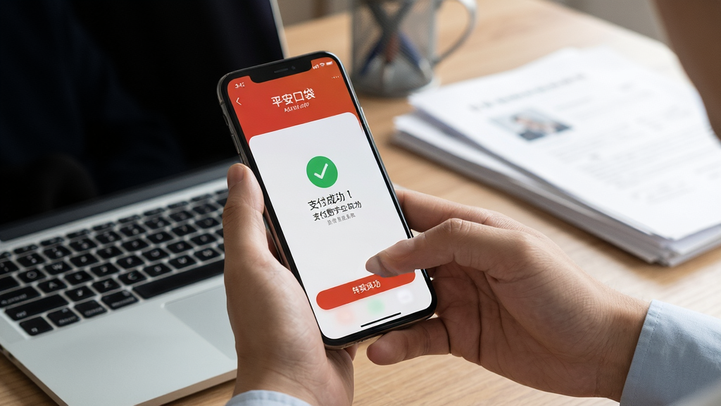 一张展示用户正在使用手机操作平安数字口袋APP的场景图,手机屏幕上清晰显示转账成功界面,背景为办公桌面,有笔记本电脑和文件,布局以人物手部特写为主,风格真实生活化,细节有支付成功打勾图标,画质高清干净,无多余元素