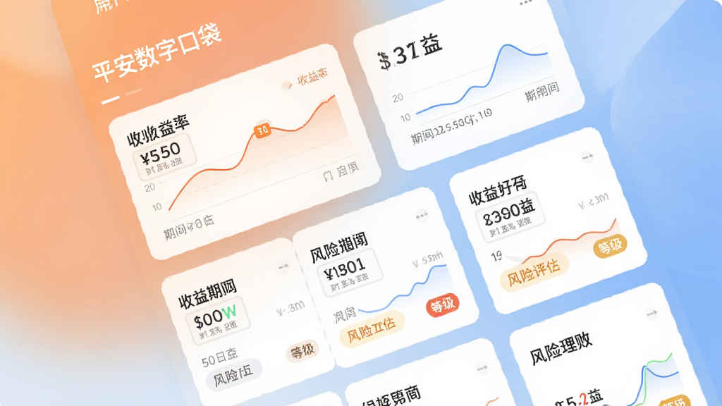 一张展示平安数字口袋APP理财专区的界面概念图,图中有多款理财产品的卡片,卡片上标注收益率和期限,背景为柔和的橙色与蓝色渐变,布局以卡片流式排列,风格清新简约,细节有收益曲线图和风险评估等级标识,画质高清干净,无多余元素