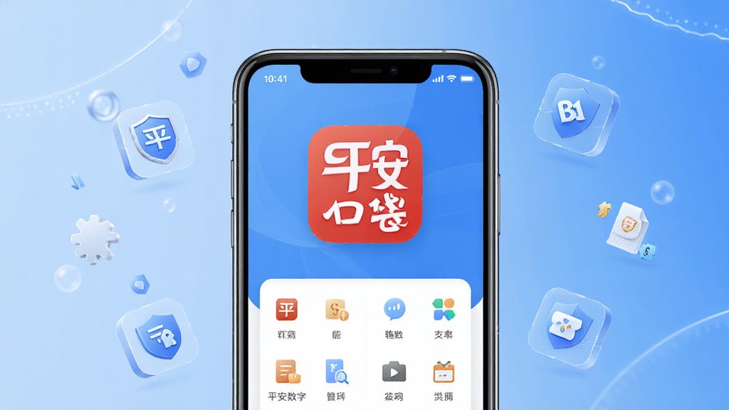 一张展示平安数字口袋APP在智能手机上运行的界面预览图,手机屏幕中清晰显示“平安数字口袋”应用图标及功能菜单,背景为简洁的渐变蓝色调,布局以手机为中心,周围有轻微的悬浮金融服务元素,风格现代科技感,细节丰富,画质高清干净,无多余元素