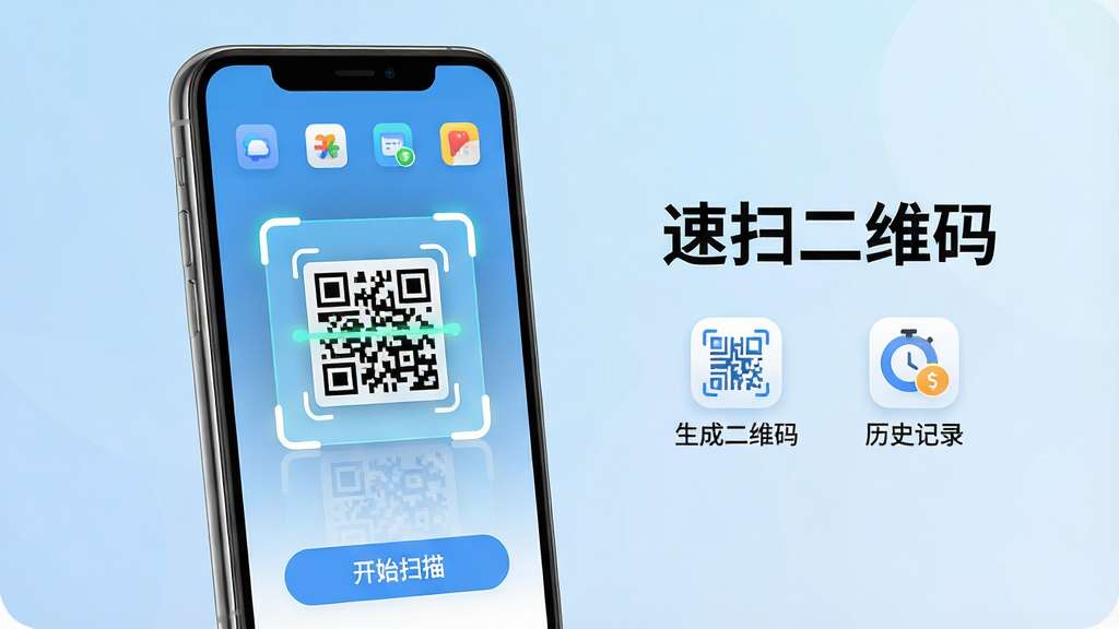 主体:一部智能手机屏幕显示速扫二维码应用主界面,界面中央有一个高亮的扫描框,周围有四个角标,背景为柔和的渐变蓝色,简洁明亮。布局:手机位于画面中央偏左,屏幕内容清晰可见,右侧留白处展示“速扫二维码”字样及几个功能图标,如“生成二维码”、“历史记录”等,整体排版均衡。排版:手机屏幕内功能图标排列整齐,下方有“开始扫描”的按钮,文字清晰可读。风格:现代扁平化设计风格,色彩明快,细节丰富。细节:扫描框内有一张模拟的二维码图案,光线反射效果自然,手机边缘有细腻的高光。画质:超高清8K,细节清晰,干净,无多余元素。