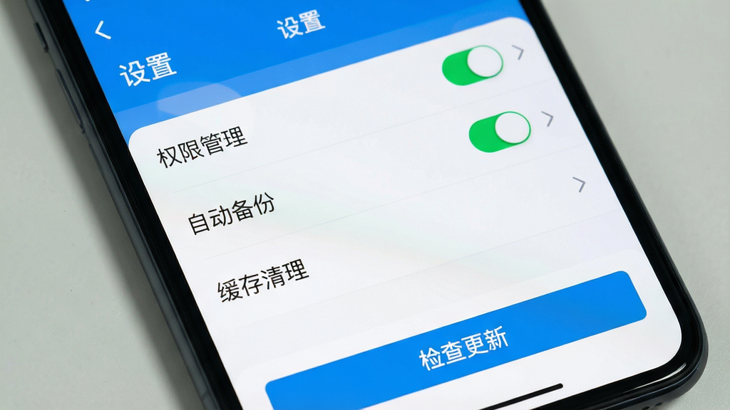 主体:一张手机屏幕截图,显示速扫二维码应用的设置页面,其中有“权限管理”、“自动备份”、“缓存清理”等选项,屏幕下方有一个“检查更新”的按钮。布局:设置页面以列表形式呈现,每行左侧为功能名称,右侧为开关或箭头。排版:页面顶部有“设置”标题,下方是功能列表,整体视觉整齐。风格:简洁的列表式设计,蓝白配色。细节:屏幕中“自动备份”开关处于开启状态,绿色高亮。画质:高清,干净,无多余元素。