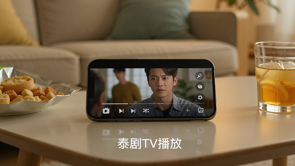 主体:一部手机在茶几上播放泰剧,屏幕显示剧集画面;布局:手机斜放,旁边有零食和饮料;排版:手机占据画面中心,背景是客厅沙发;风格:生活化场景,暖色调;细节:屏幕中显示泰剧人物特写,手机下方有“泰剧TV播放”字样水印;画质:高清,干净,无多余元素