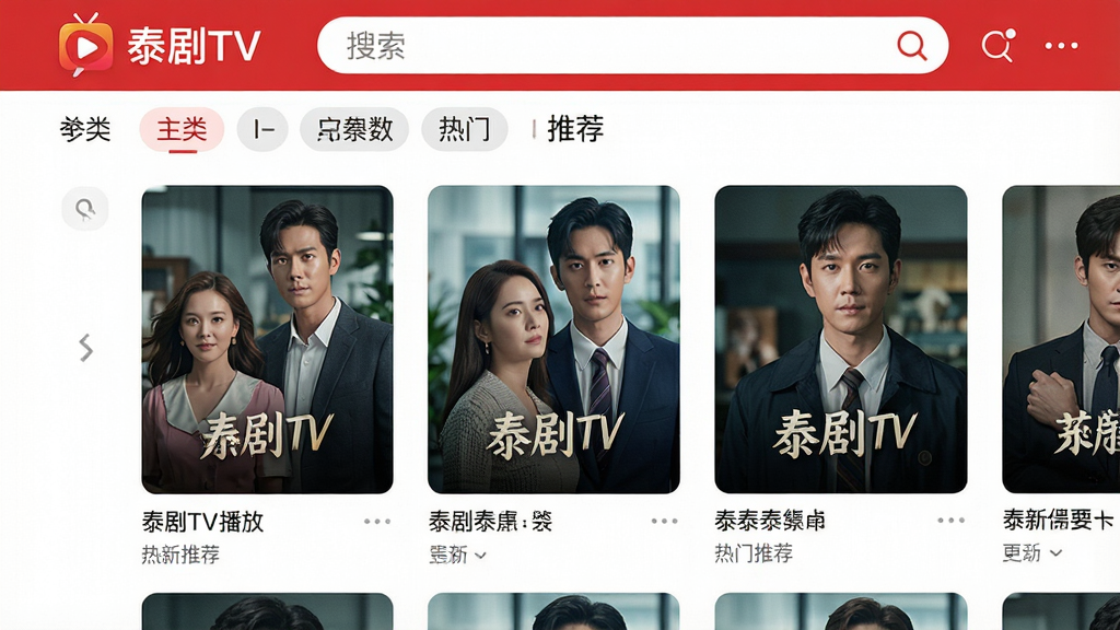 主体:泰剧TV播放应用中的热门剧集推荐列表界面;布局:列表式布局,每个剧集有海报、标题和更新集数;排版:界面清晰,上方有搜索栏和分类标签;风格:简洁现代,界面以红色和白色为主色调;细节:显示“泰剧TV播放”Logo及“热门推荐”字样,剧集海报清晰,画质高清;画质:干净,无多余元素