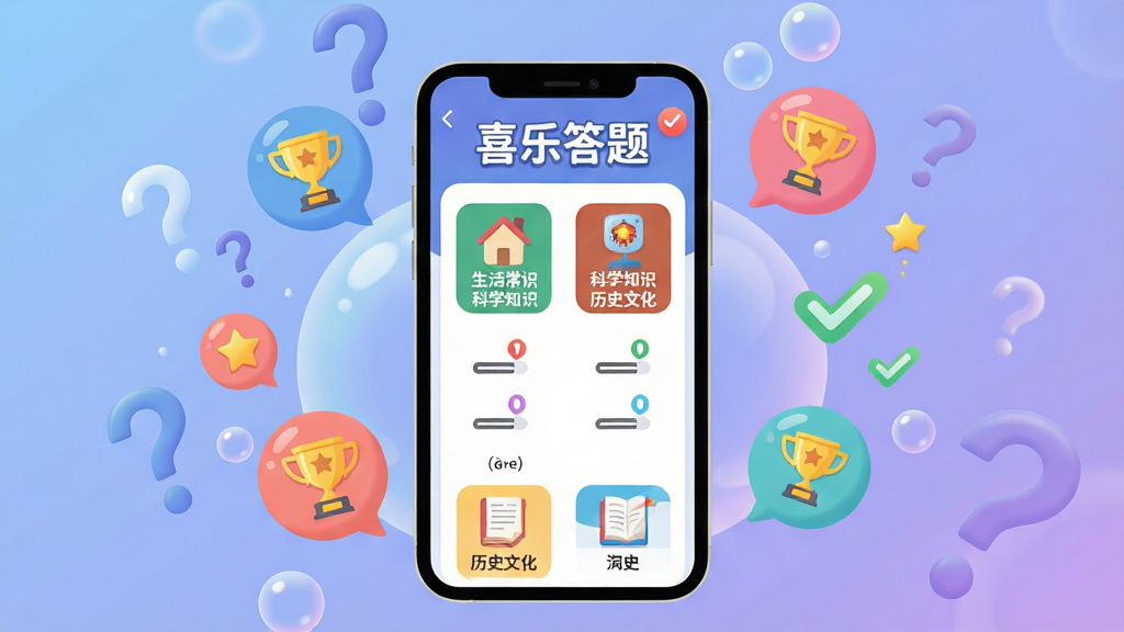 主体:手机屏幕中展示“喜乐答题”应用界面,界面色彩明快,显示各类答题分类图标,如“生活常识”、“科学知识”、“历史文化”等。 布局:手机位于画面中央,周围环绕着轻盈的彩色气泡和问号、对勾等符号,背景为柔和的渐变蓝紫色。 排版:手机屏幕内清晰显示“喜乐答题”字样及一道选择题样式,字体圆润清晰。 风格:现代扁平化插画风格,色彩活泼,细节丰富。 细节:气泡内包含星星、奖杯等元素,暗示答题的奖励机制,画面干净,无多余元素。 画质:高清,干净,无多余元素。