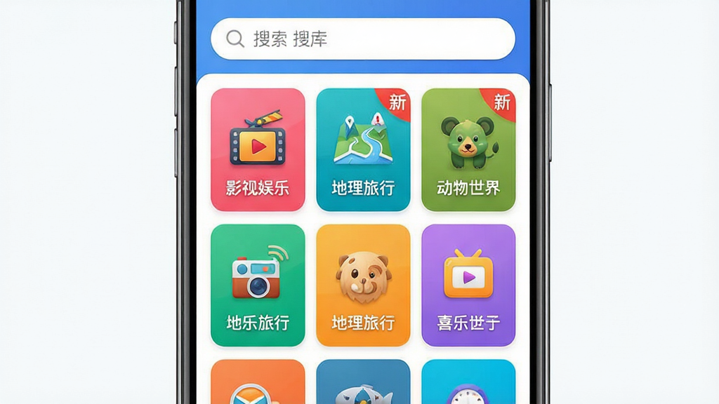 主体:“喜乐答题”应用内的题库分类界面,以网格形式展示“影视娱乐”、“地理旅行”、“动物世界”等彩色卡片图标。 布局:手机界面竖屏展示,上方为搜索栏,下方为六宫格分类卡片,色彩各异。 排版:卡片图标下方配有简短的文字标签,界面布局规整清晰。 风格:清爽的UI设计风格,图标细节丰富,色彩鲜艳明亮。 细节:部分卡片右上角有“新”字角标,暗示内容更新,整体画面干净,无多余元素。 画质:高清,干净,无多余元素。