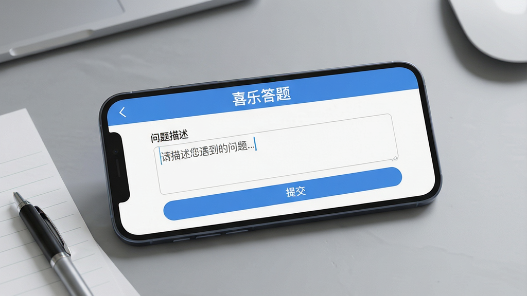 主体:一张智能手机横屏截图,屏幕上显示“喜乐答题”的客服反馈界面,有“问题描述”输入框和“提交”按钮。 布局:手机屏幕占据画面主体,背景为简洁的灰色办公桌面。 排版:界面元素清晰,输入框内有示例文字“请描述您遇到的问题...”。 风格:写实风格,光线柔和,细节真实。 细节:手机旁边有一张纸和一支笔,暗示用户记录问题,画面干净,无多余元素。 画质:高清,干净,无多余元素。