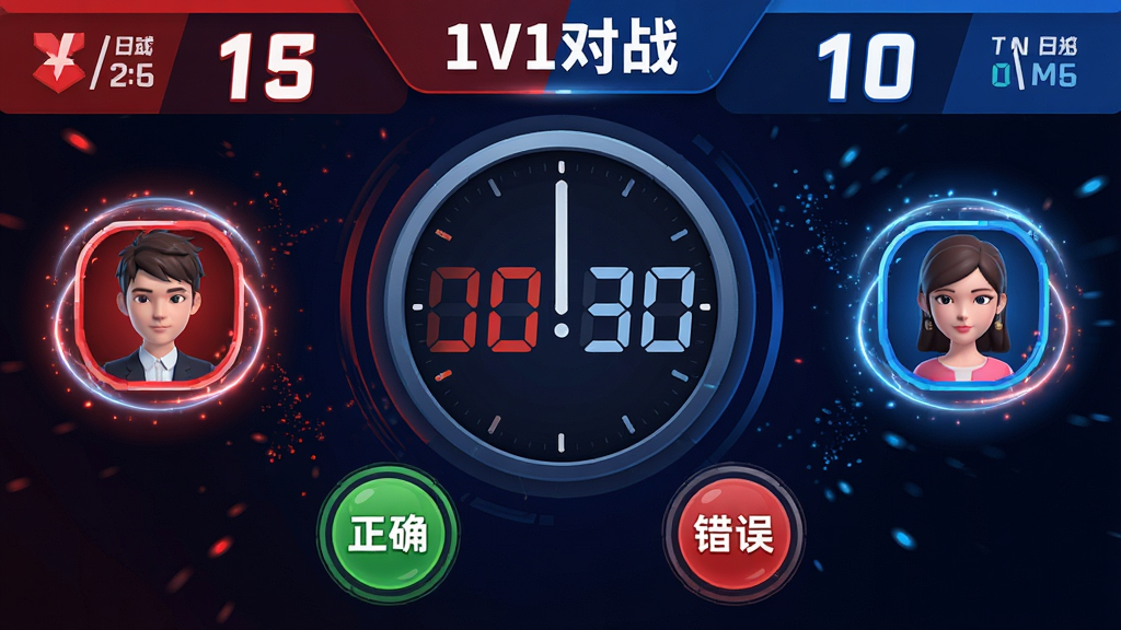 主体:“喜乐答题”的对战模式界面,屏幕被分为左右两侧,分别显示两名虚拟用户的头像和比分,中央有一个巨大的倒计时时钟。 布局:横向对比布局,顶部显示“1V1对战”字样,底部有两个圆形的“正确”和“错误”按钮。 排版:比分数字采用大号加粗字体,倒计时时钟醒目,界面元素动态感强。 风格:动感、富有科技感的游戏UI风格,红蓝配色对比鲜明。 细节:头像周围有光环特效,背景有细微的粒子动效,画面干净,无多余元素。 画质:高清,干净,无多余元素。