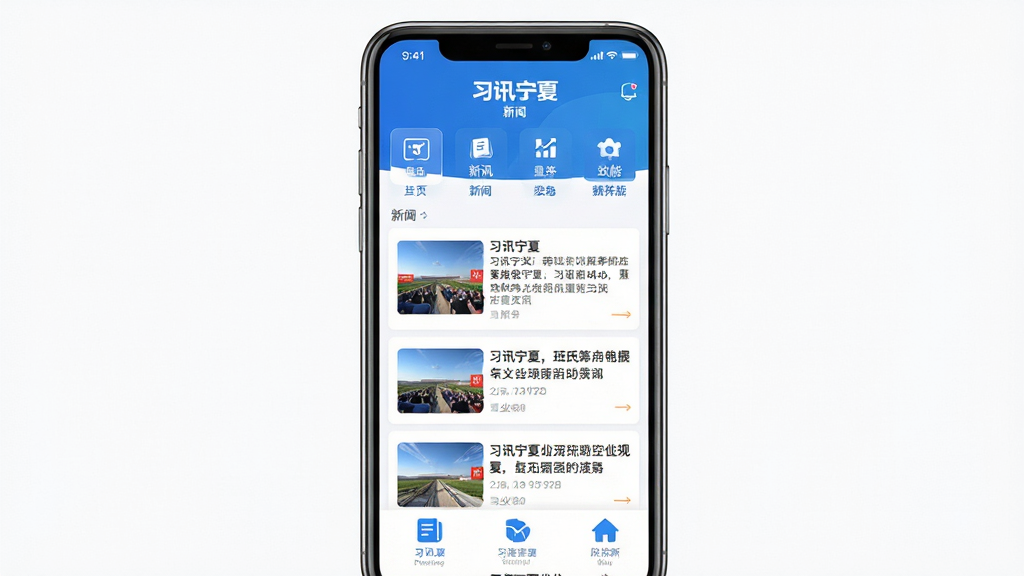主体:习讯宁夏App界面展示,手机屏幕显示新闻资讯列表与功能图标。布局:手机居中,屏幕内容清晰可辨,周围留白。排版:简洁大气,信息层级分明。风格:现代扁平化,色彩清新明快,以蓝色和白色为主色调。细节:屏幕中显示“习讯宁夏”字样及新闻摘要,界面干净整洁。画质:高清渲染,细节丰富,无多余元素。