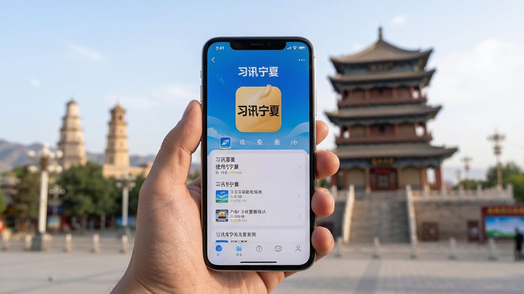 主体:习讯宁夏App使用场景。布局:手机握在手中,屏幕显示清晰内容,背景为宁夏地标。排版:手机居中,背景虚化。风格:写实摄影风格,自然光。细节:屏幕内容可见“习讯宁夏”字样,背景为银川鼓楼。画质:高清,干净,无多余元素。