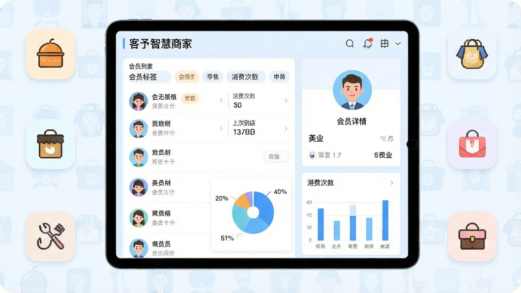 主体:平板电脑展示“客予智慧商家”的客户管理页面,左侧为会员列表,右侧为会员详情画像。布局:画面以平板为中心,周围环绕代表不同行业的小图标(餐饮、零售、美业)。排版:页面中清晰显示“会员标签”、“消费次数”、“上次到店”等字段。风格:清爽的商务风格,数据可视化图表(饼图、条形图)点缀其中。细节:会员头像采用抽象卡通形象,界面以白色和浅蓝色为主。画质:高清,干净,无多余元素。