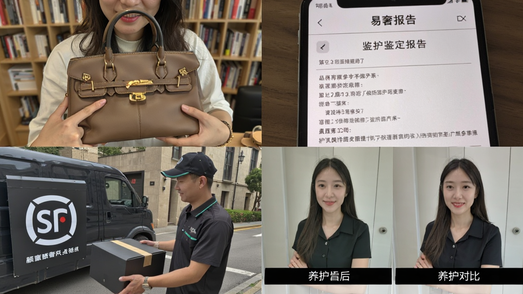 一组使用易奢堂App的实拍场景拼图,左上角是用户给名牌包拍照,右上角是鉴定报告页面,左下角是顺丰快递员取件,右下角是养护前后对比图,整体拼图布局协调,风格生活化且真实,色彩自然,细节丰富,画质清晰,无多余元素。