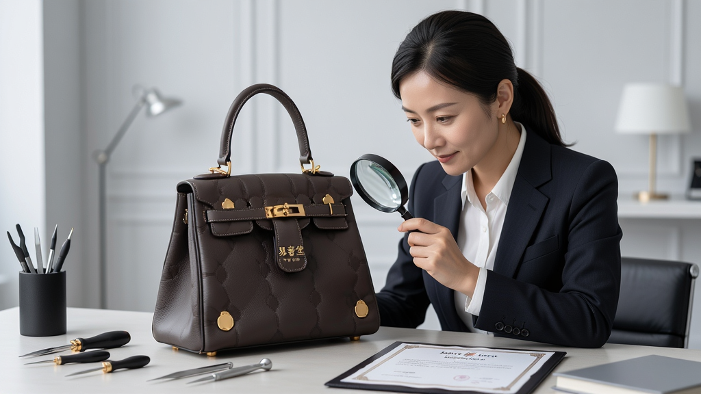 一位专业鉴定师在明亮的工作室内,手持放大镜仔细检查一款“易奢堂”平台上的名牌手袋,桌面上摆放着鉴定工具和证书,背景是柔和的浅灰色调,布局以人物与手袋为中心,排版干净专业,风格写实且具有高级感,细节聚焦于鉴定动作与材质纹理,画质清晰锐利,无多余元素。