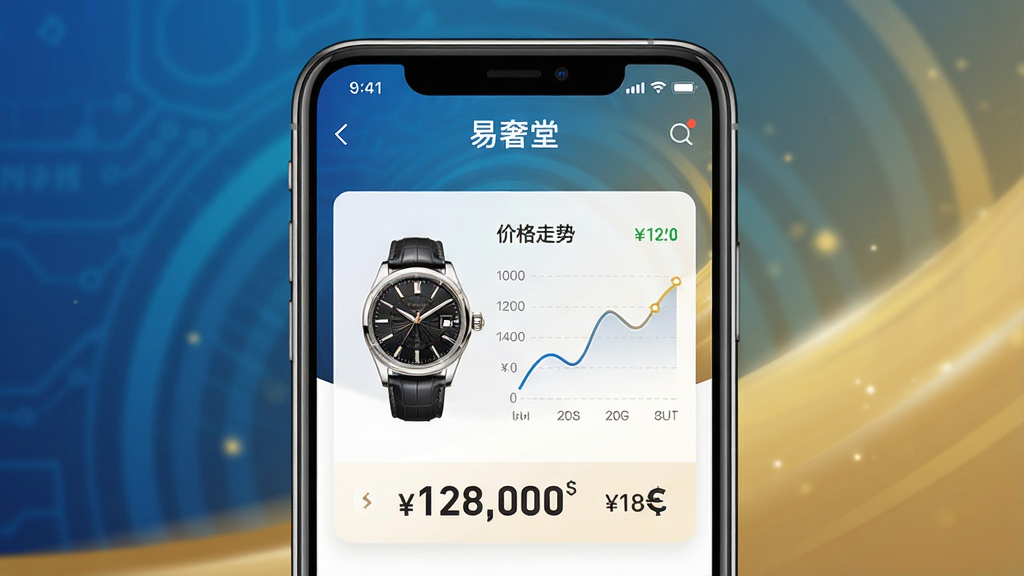 一张展示“易奢堂”App智能估价功能界面的高清图,手机屏幕中心显示一款名表与估价结果“128,000”,旁边有折线图表示价格走势,背景为渐变的科技蓝与金色,布局以手机为绝对主体,排版直观清晰,风格简约现代,细节包括数据标签与货币符号,画质高清,无多余元素。