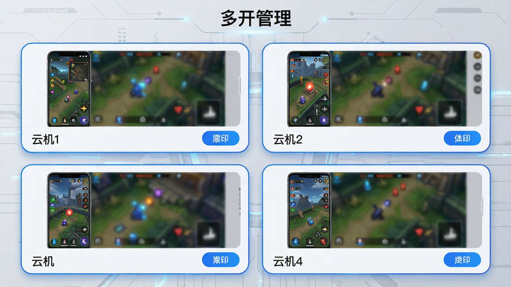 主体:川川云手机的多开管理界面,展示四台虚拟手机同时运行不同游戏,每台设备屏幕内容各异。布局:四台云机以2×2网格排列,背景为浅灰色科技纹理,上方有“多开管理”标题。排版:设备卡片均带圆角边框,下方标注“云机1”“云机2”等名称,操作按钮统一在右下角。风格:写实与扁平结合,色调明亮,突出设备屏幕内容。细节:每台设备屏幕上可隐约看到游戏画面轮廓,卡片边缘有蓝色高光,整体氛围科技感强。画质:高清渲染,细节丰富,干净无多余元素。