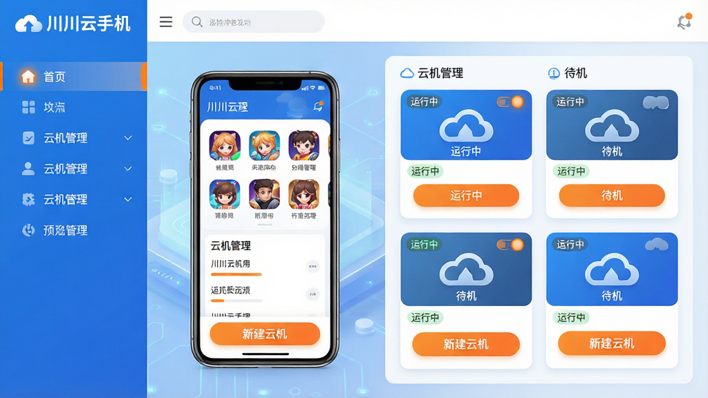 主体:川川云手机应用界面展示,中央为虚拟手机屏幕,屏幕上显示多款游戏图标与云机管理列表,背景为淡蓝色科技感渐变。布局:界面采用左右分栏设计,左侧为功能导航栏,右侧为云机卡片预览区,顶部有“川川云手机”品牌标识。排版:信息层级清晰,标题字与功能图标间隔均匀,整体留白舒适。风格:扁平化+轻拟物结合,色彩以蓝白为主,辅以橙色点缀。细节:每个云机卡片上标注“运行中”“待机”状态,底部有“新建云机”按钮,画面干净整洁。画质:4K超清,渲染细腻,无多余元素。