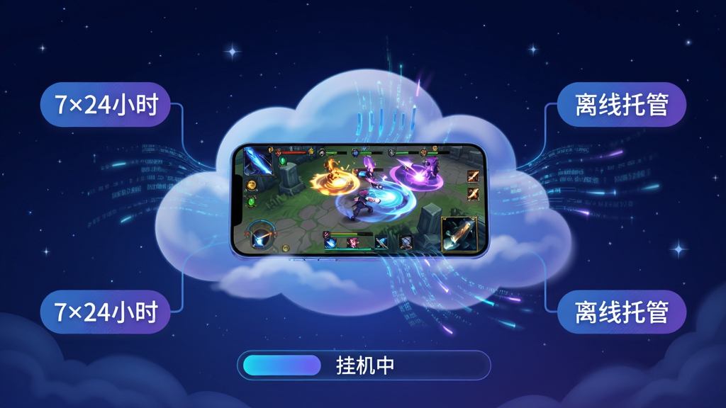 主体:川川云手机挂机运行场景,一台虚拟手机悬浮在云端,周围有数据流动光效,屏幕上显示游戏角色正在自动战斗。布局:中心为悬浮云机,四周环绕“7×24小时”“离线托管”等文字标签,背景为深蓝色星空。排版:云机居中,四周标签对称分布,底部有“挂机中”状态条。风格:科技感插画风,色彩以蓝紫渐变为主,光效绚烂。细节:屏幕内游戏画面清晰可见,角色技能特效华丽,云端有隐隐的数据流线。画质:超清细腻,无多余元素。