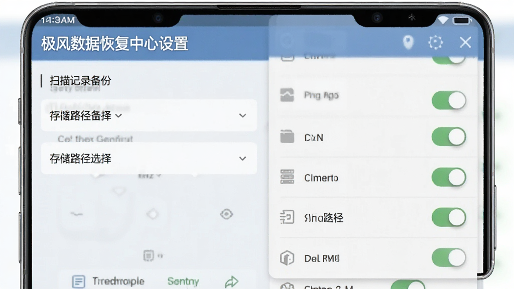 极风数据恢复中心设置页面,显示“扫描记录备份”和“存储路径选择”选项,背景为浅色设置列表,主体是手机竖屏截图,布局清单式,排版清晰,风格简约,细节有开关按钮状态,画质干净,无多余元素