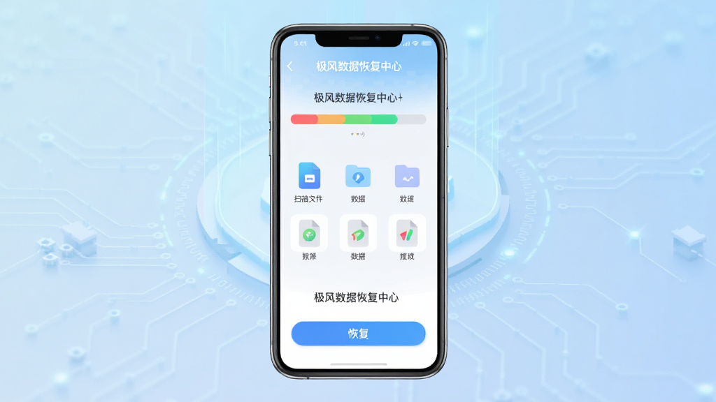 一张智能手机屏幕显示极风数据恢复中心的扫描界面,屏幕上有彩色进度条和数据文件图标,背景是淡蓝色科技感渐变,主体是手机居中,布局干净,排版简洁,风格现代扁平化,细节包含扫描文件数量和恢复按钮,画质高清,干净,无多余元素
