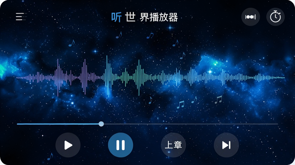 �����粥�������Ž��棬��Ļ������ʾ��Ƶ���ζ������ײ��в��š���ͣ����һ�¡���һ�°�ť�����Ͻ���ʾ���ٺͶ�ʱͼ�꣬����Ϊ����ɫ�ǿշ������Ƽ���ǿ�������������粥���������֣����ʸ��壬�ɾ��޶���Ԫ��