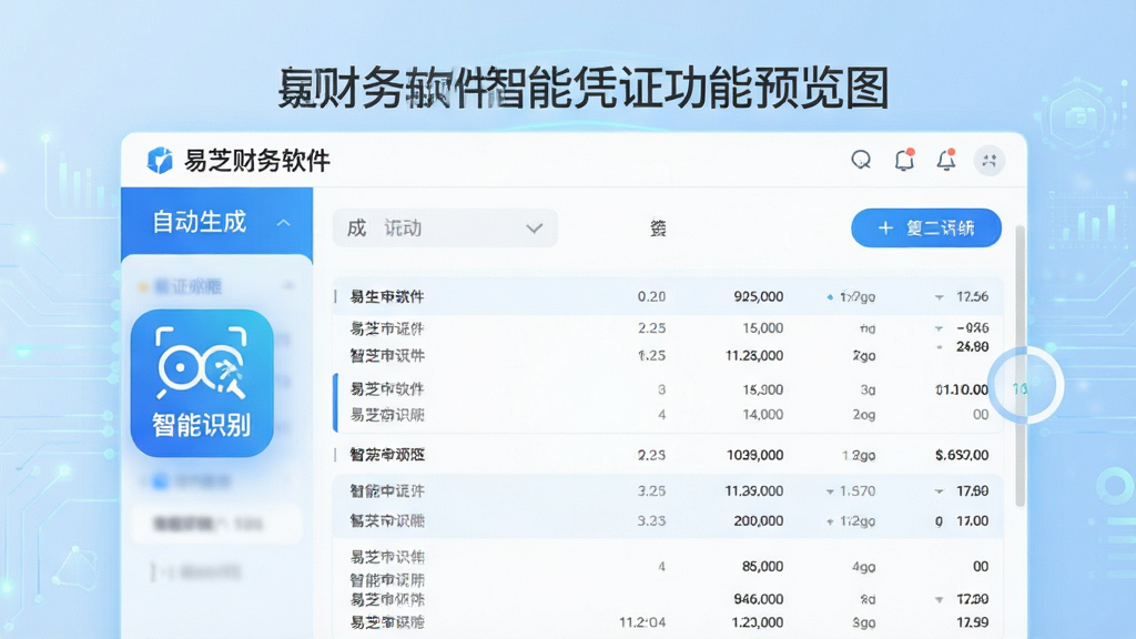 易芝财务软件智能凭证功能预览图,界面显示自动生成的记账凭证列表,配有“智能识别”图标,背景为浅蓝色科技感,文字清晰,画质干净,无多余元素