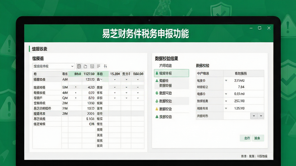 易芝财务软件税务申报功能界面,屏幕显示增值税申报表与数据校验结果,背景为绿色安全提示风格,界面简洁,突出软件名称,高分辨率,画质干净,无多余元素