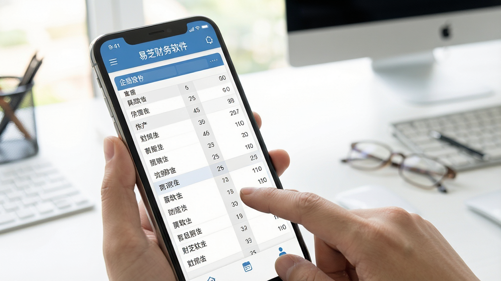 易芝财务软件手机端操作示意图,手机屏幕显示财务报表列表,手指点击操作,背景为办公桌面,明亮清晰,画质干净,无多余元素
