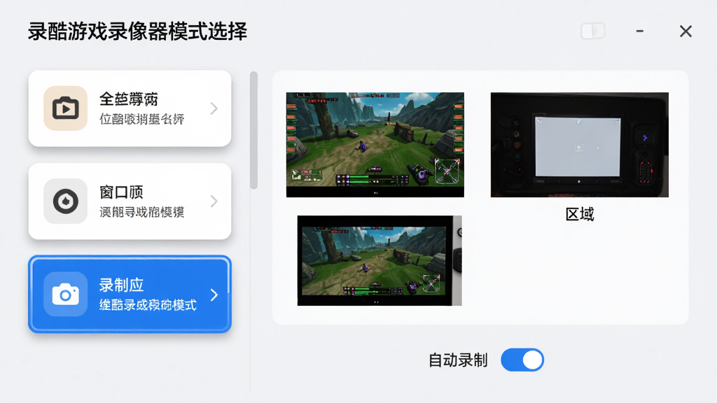 主体:录酷游戏录像器模式选择界面,展示三种录制模式。布局:左侧为功能列表,右侧为预览窗口,分别显示全屏、窗口、区域三种示意画面,底部为“自动录制”开关。排版:卡片式布局,每个模式配有图标和简短说明,浅色背景,简洁大方。风格:扁平化设计,色彩清新,注重易用性。细节:模式卡片带有阴影效果,选中状态高亮为蓝色边框。画质:高清,画面干净,无多余元素。