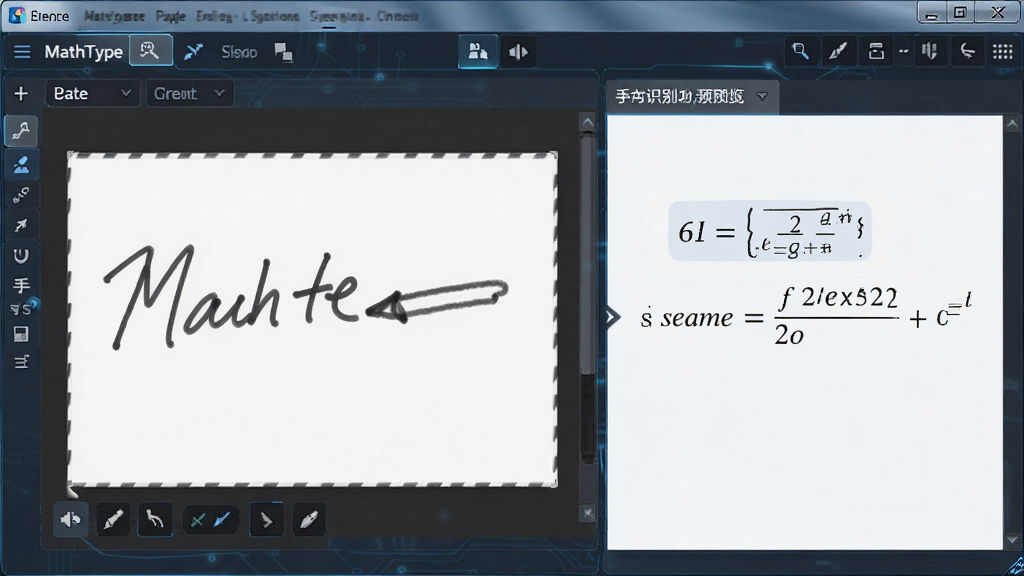 MathType数学公式编辑器 手写识别功能预览 主体:手写区域与识别结果,布局:左写右显示,排版:直观,风格:科技感,细节:显示手写笔迹与识别出的公式,画质:高清,干净,无多余元素