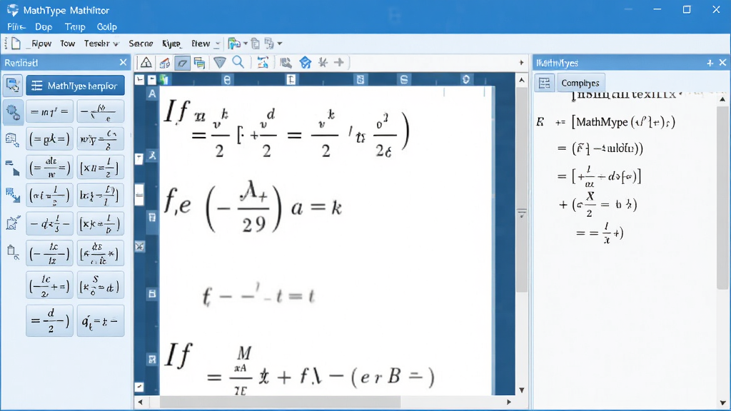 MathType数学公式编辑器 软件界面截图 主体:软件主窗口与公式编辑区域,布局:左侧工具栏与右侧公式面板清晰分区,排版:简洁专业,风格:现代科技感蓝白配色,细节:显示多种公式模板按钮,画质:高清,干净,无多余元素