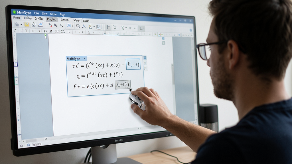 MathType数学公式编辑器 操作演示截图 主体:用户在编辑公式,布局:操作界面,排版:动态,风格:真实场景,细节:鼠标点击公式模板,画质:清晰,干净,无多余元素