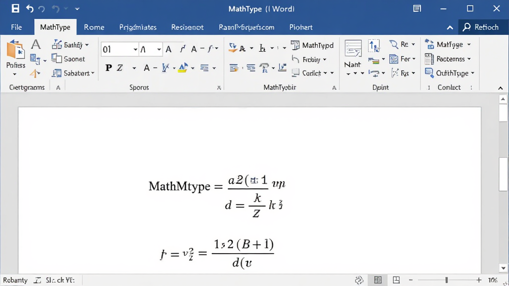 MathType数学公式编辑器 在Word中使用的截图 主体:Word文档中MathType工具栏,布局:工具栏位于文档上方,排版:自然,风格:办公软件风格,细节:显示MathType选项卡,画质:清晰,干净,无多余元素