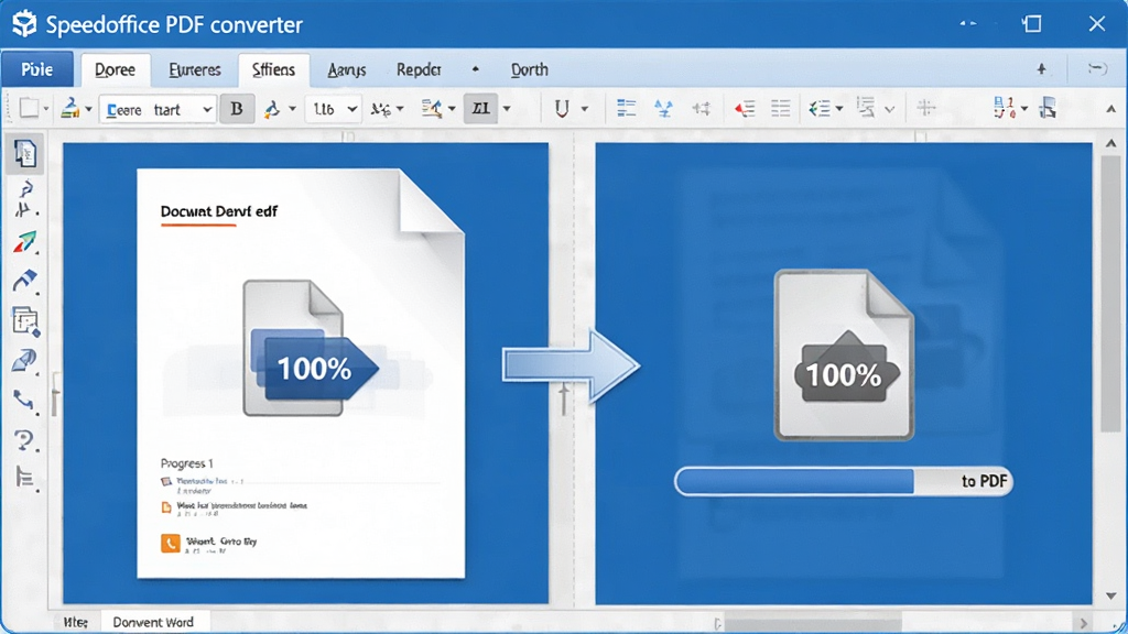 Speedoffice PDF converter interface, a document being converted from Word to PDF, progress bar showing 100%, file icons with arrows, clean blue theme, professional and tidy