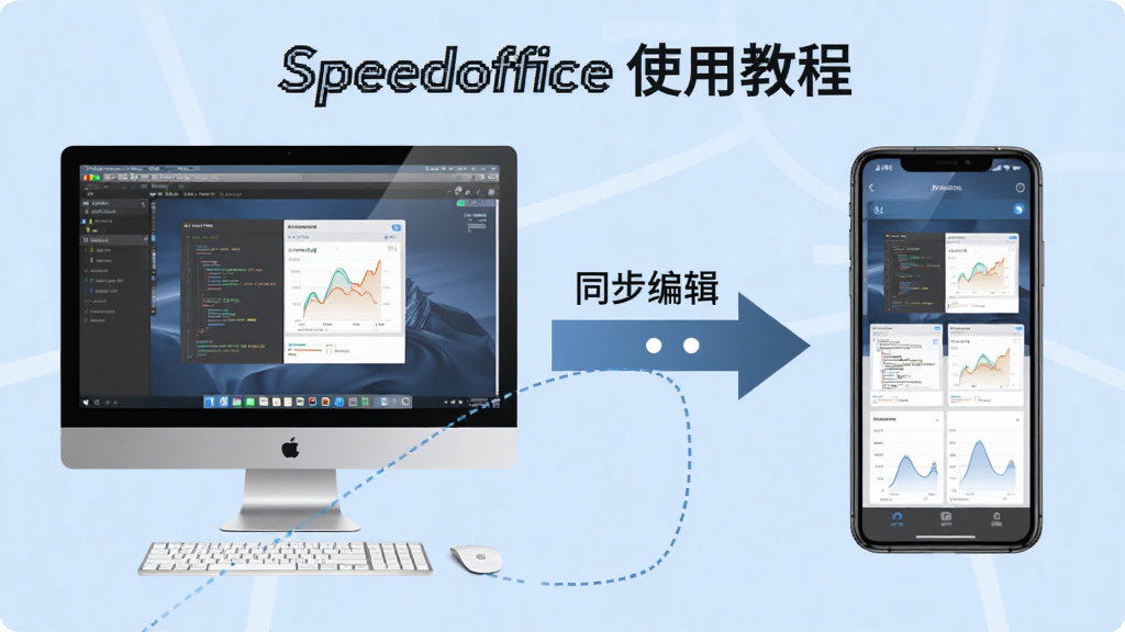 Speedoffice使用教程步骤图,左侧为电脑端操作界面,右侧为手机端操作界面,中间用箭头连接,标注“同步编辑”,背景为浅蓝色,画质清晰,无多余元素