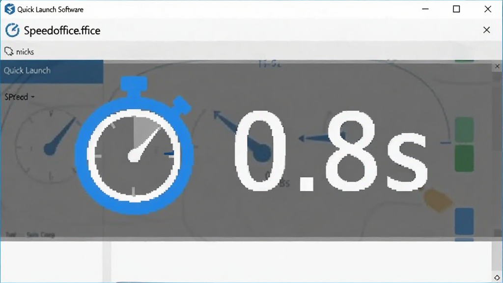 Screenshot of Speedoffice software interface showing quick launch speed, with a stopwatch icon and '0.8s' text overlay, minimalistic design, blue accent colors, clean and professional
