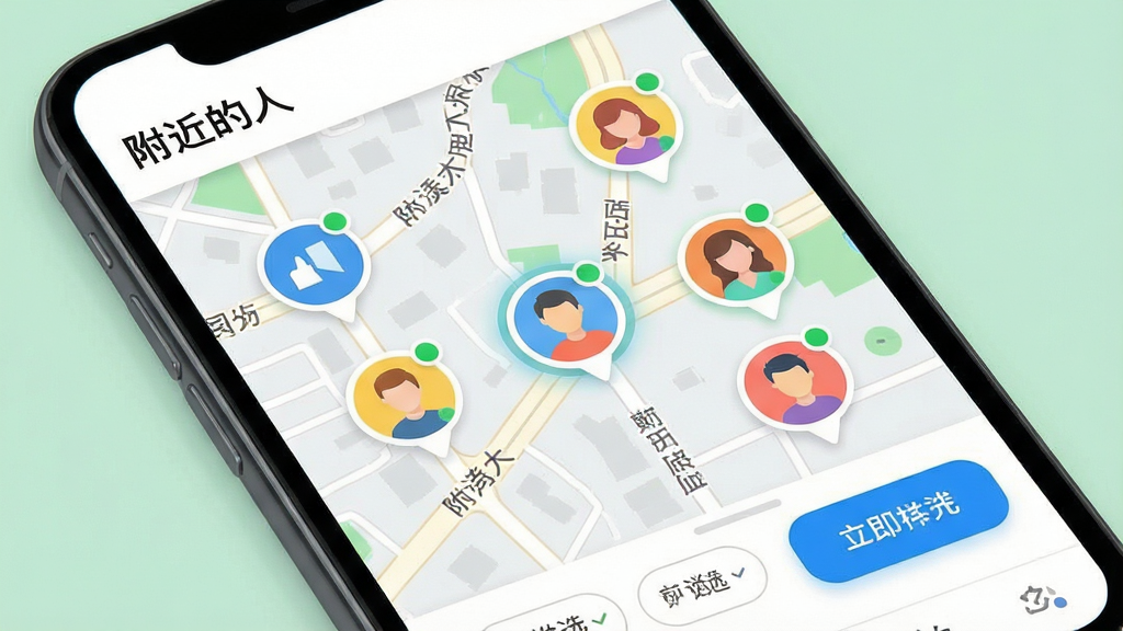 主体:一幅手机地图界面,上面分布着多个彩色用户头像图标,其中几个头像被高亮显示。布局:地图占据画面主体,左上角有“附近的人”标题,底部有筛选栏。排版:信息层级清晰,操作按钮醒目。风格:扁平化地图设计,色彩清新明快。细节:头像图标带有在线状态小绿点,地图街道名称清晰。画质:高清,干净,无多余元素。