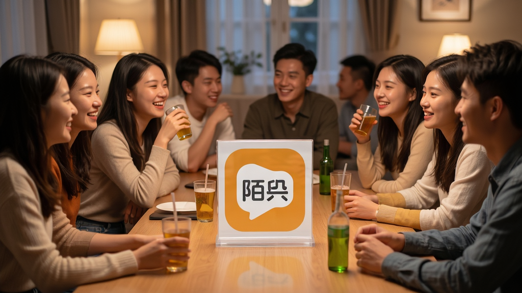 主体:一个热闹的线上线下结合的聚会场景,一群年轻人围坐在一起,桌上摆放着带有“陌陌”logo的牌子,大家笑容满面地交谈。布局:画面采用全景构图,人物错落有致,中心是“陌陌”logo牌。排版:充满生活气息,氛围感强。风格:写实摄影风格,暖色调。细节:人物表情自然,有喝饮料、聊天等动作,背景是温馨的室内环境。画质:高清,干净,无多余元素。