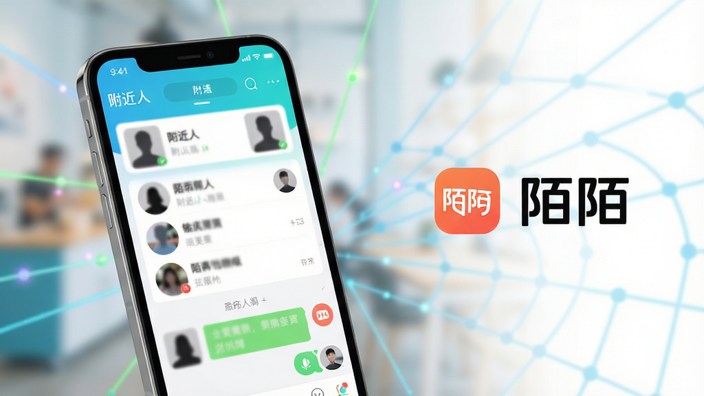 主体:手机屏幕展示陌陌APP界面,界面风格清新现代,显示附近的人列表和聊天窗口。布局:手机位于画面中央偏左,屏幕内容清晰可见,右侧留白处有“陌陌”字样及品牌logo。排版:简洁大方,突出APP界面。风格:现代科技感,色彩明亮,人物头像为模糊化的剪影,保护隐私。细节:界面图标精致,文字清晰,背景虚化处理。画质:高清,干净,无多余元素。