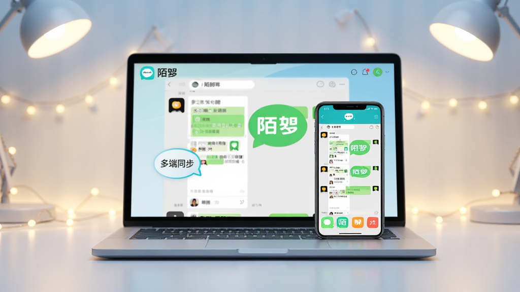 主体:一台笔记本电脑和一部智能手机并排摆放,屏幕上都显示着陌陌的聊天界面,风格现代。布局:产品居中,周围有柔和的灯光点缀。排版:突出“多端同步”的概念。风格:商务科技感,浅色调。细节:电脑和手机屏幕内容清晰,有“陌陌”logo。画质:高清,干净,无多余元素。