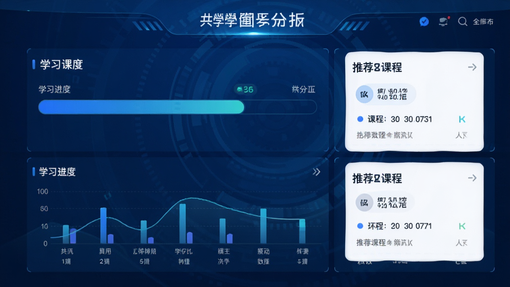 共学课堂智能学习分析图表界面,展示学习进度条和推荐课程卡片,界面蓝色科技感,数据图表清晰,整体风格简洁专业,画质干净,无多余元素