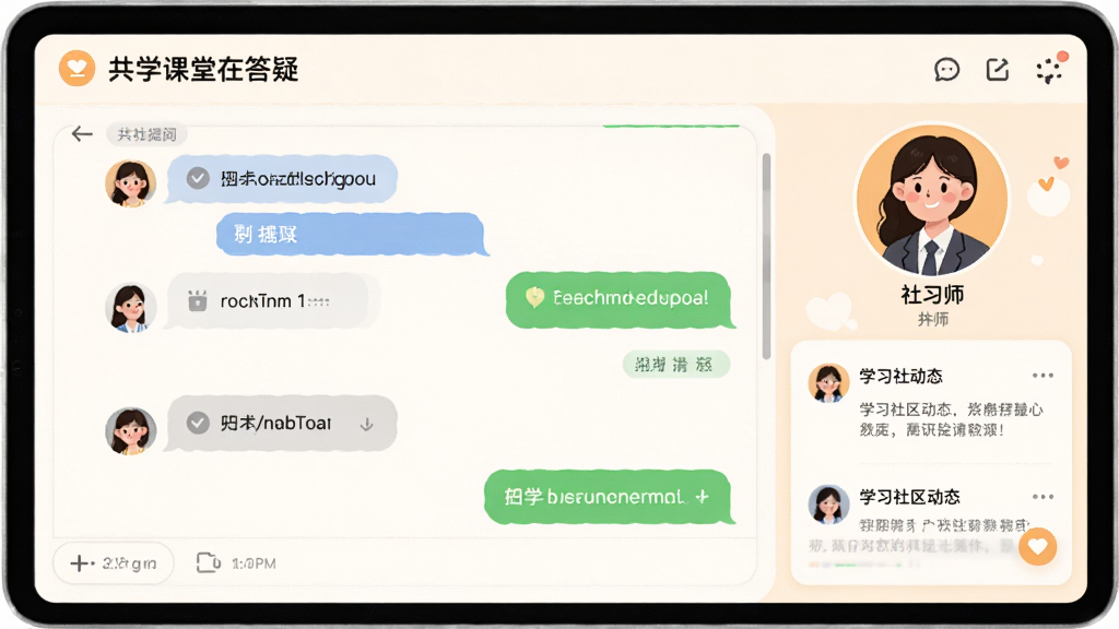 共学课堂在线答疑界面,显示聊天窗口和讲师头像,用户提问与回答气泡,界面清爽友好,配有学习社区动态,整体风格温馨活泼,画质清晰,无多余元素
