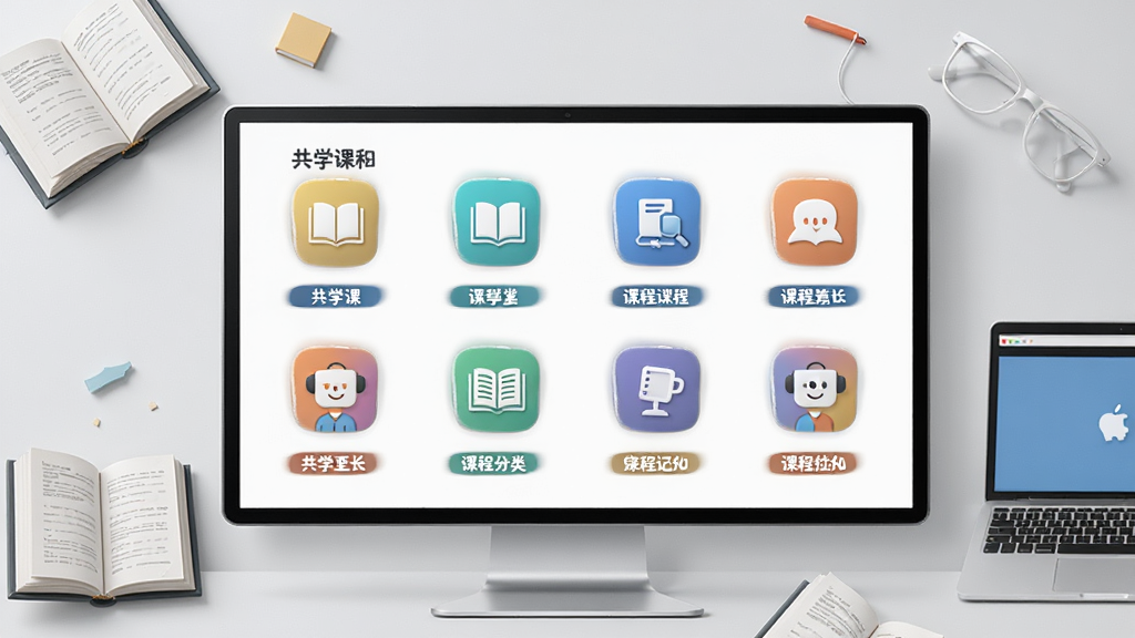 共学课堂课程分类展示图,屏幕上显示多个课程图标和分类标签,背景为浅灰色,书本和电脑元素点缀,整体风格干净明亮,画质高清,无多余元素
