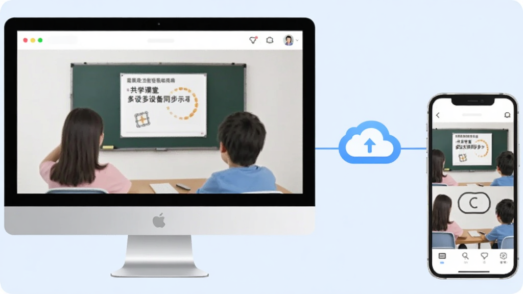 共学课堂多设备同步示意图,左侧电脑右侧手机,屏幕显示相同课程画面,云端图标连接,背景浅蓝,整体风格现代简约,画质干净,无多余元素