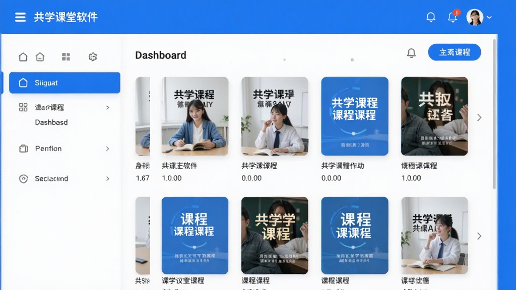 共学课堂软件主界面预览图,展示课程列表和导航栏,界面简洁明亮,以蓝色和白色为主色调,配有课程封面缩略图,整体风格现代科技感,画质清晰干净,无多余元素