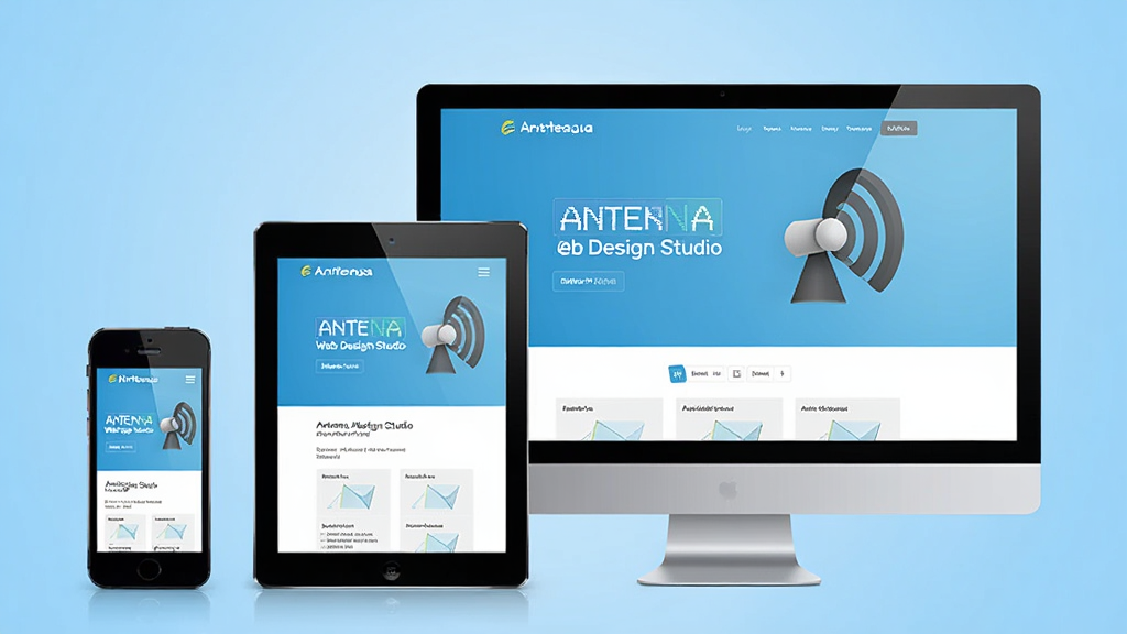 Antenna Web Design Studio响应式设计界面,同时显示手机、平板、桌面三种设备预览效果,画布中页面内容随设备宽度自动调整,背景为浅蓝色渐变,界面清爽,细节丰富,画质清晰,干净无多余元素