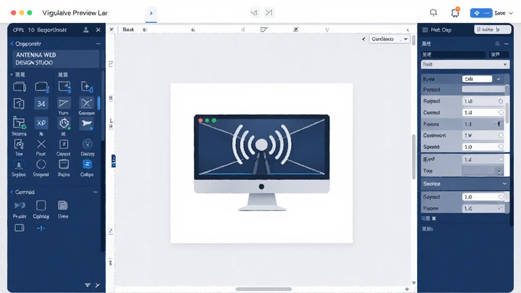 Antenna Web Design Studio主界面预览图,展示可视化编辑工作区,左侧组件面板,中间画布区域,右侧属性设置栏,整体界面简洁现代,色彩以深蓝和白色为主,高分辨率,画质清晰,干净无多余元素