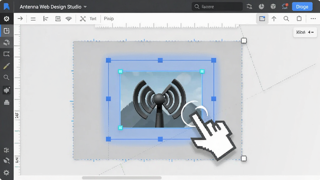 Antenna Web Design Studio拖拽操作示意,鼠标拖动一个图片组件到画布中,周围有蓝色辅助线,界面高亮显示放置区域,背景为浅灰色工作区,细节丰富,画质清晰,干净无多余元素