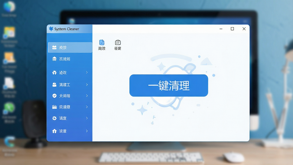 一幅现代简约风格的软件宣传图,主体为System Cleaner的软件界面截图,界面以蓝白为主色调,左侧功能列表清晰可见,中央显示“一键清理”大按钮,背景为模糊的电脑桌面,整体排版干净清爽,强调专业与高效,画质高清,干净无多余元素