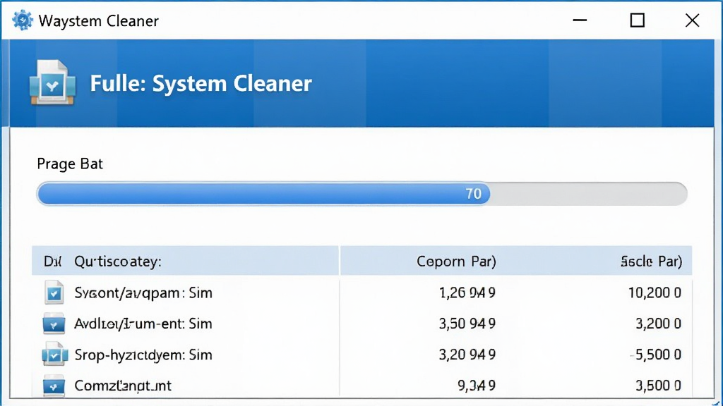 一幅电脑屏幕截图,显示System Cleaner正在进行全盘扫描,进度条快速推进,下方列出已发现的垃圾文件类别与大小,界面蓝白配色,布局清晰,风格写实,画质细腻,干净无多余元素